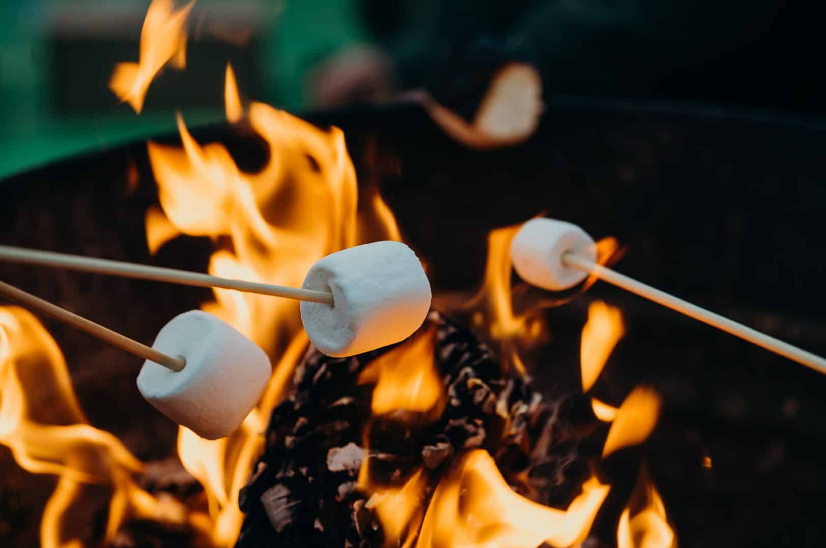 marshmallows on sticks being roasted on an open flame