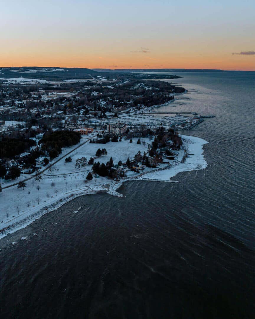 Aerial View of South Georgian Bay with a sunset on the horizon